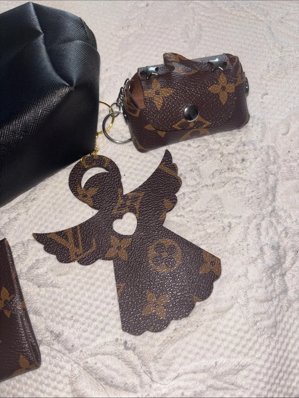 Upcycled Brown Monogram Keychain & Card Holder Set - Brown